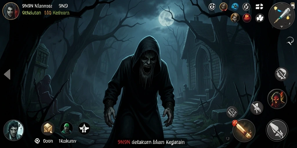 Screenshot menampilkan aksi menakutkan dalam 9N9N.