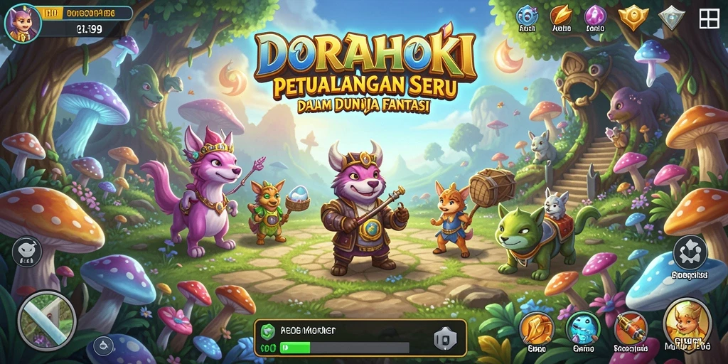 Screenshot utama DORAHOKI menunjukkan momen seru menjelajahi dunia fantasi.