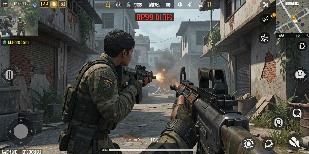 Tangkapan layar utama RP99 menampilkan aksi seru gameplay TPS.