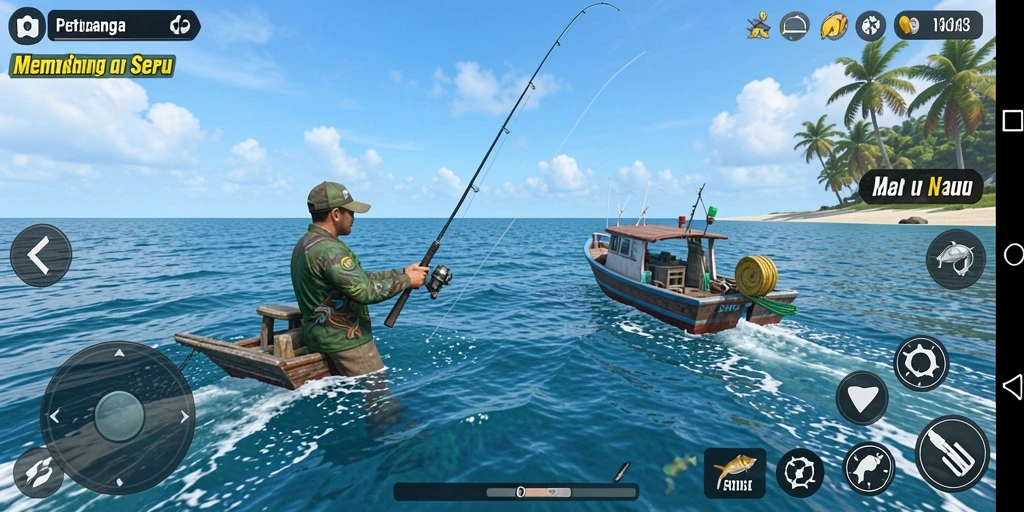 Tampilan gameplay RR33 saat menangkap ikan besar di laut.