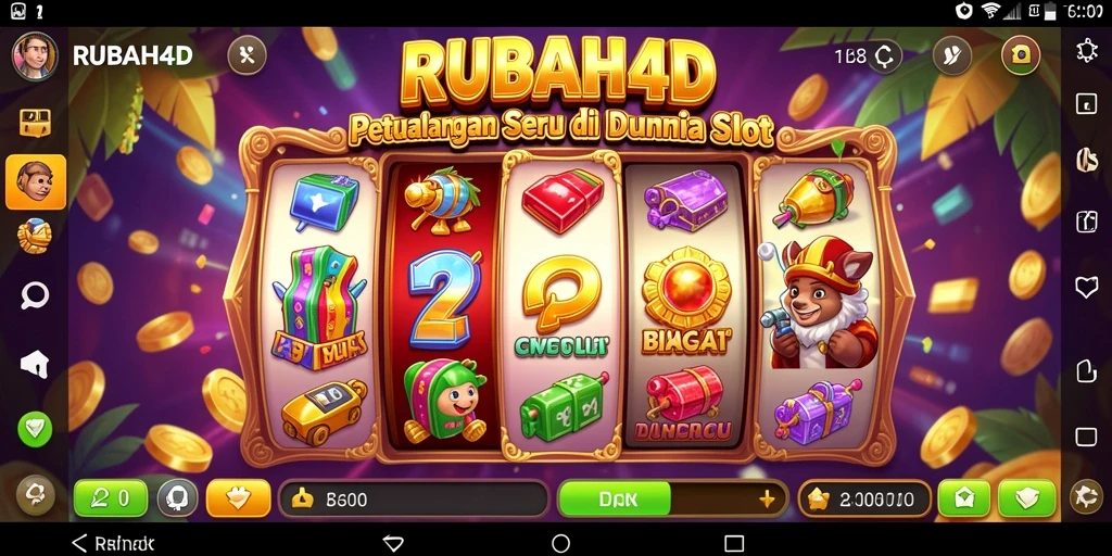 Screenshot utama RUBAH4D menunjukkan gameplay menarik slot dengan simbol berwarna-warni.